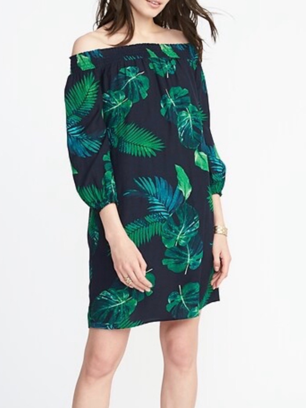 Old Navy Navy Off-Shoulder Dress with Green Tropical Leaf Print Medium